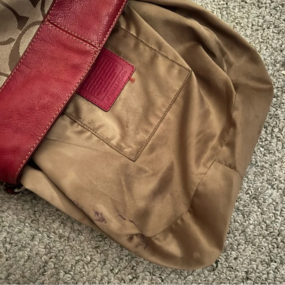 Coach F12674 Zoe Signature C Khaki Jacquard Red Leather Hobo Shoulder Bag - Picture 15 of 16